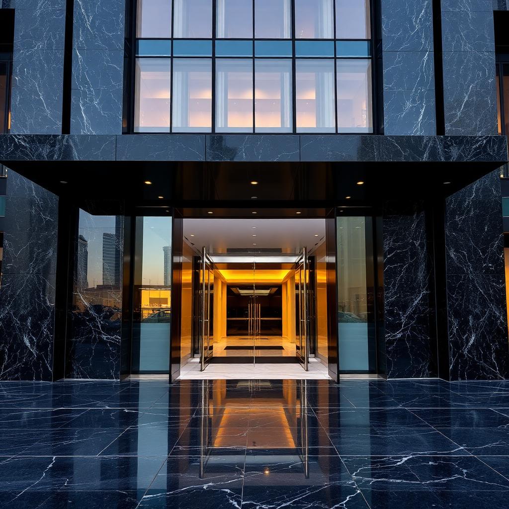 Polished dark granite tower entrance