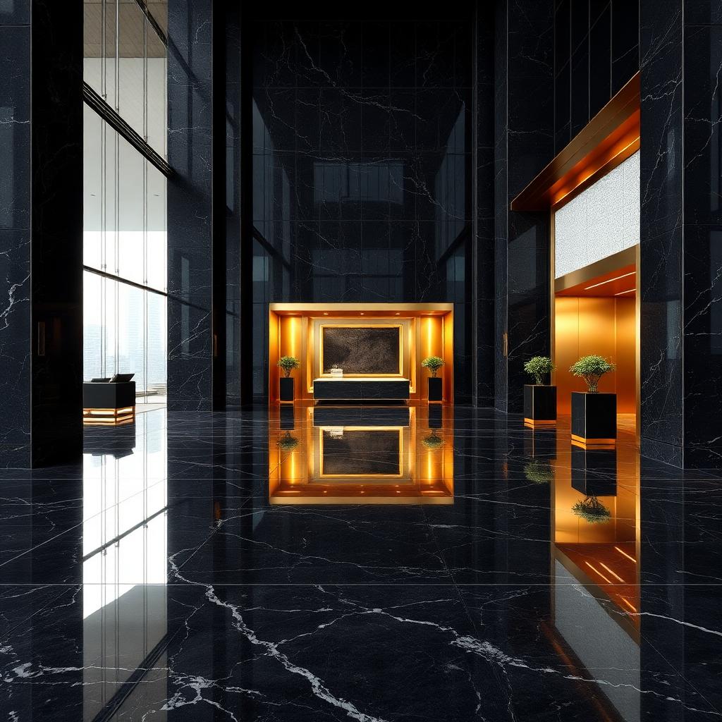 Polished black granite skyscraper lobby