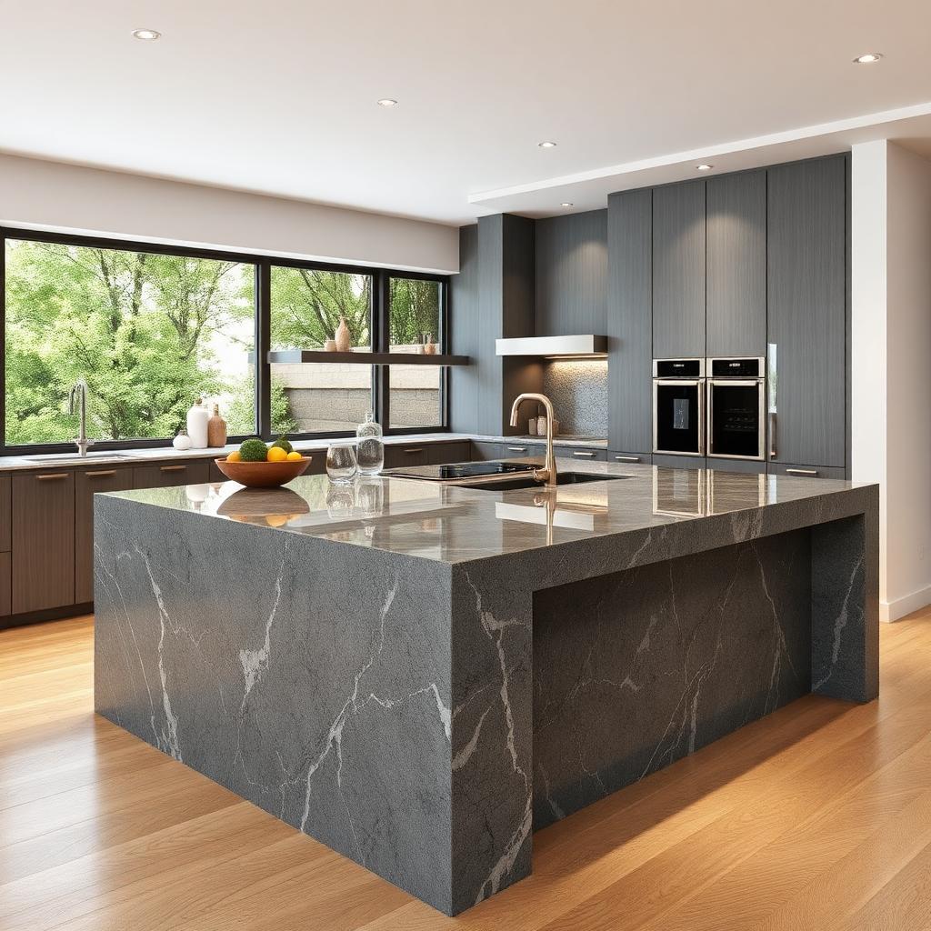 Leathered granite kitchen island with waterfall edge