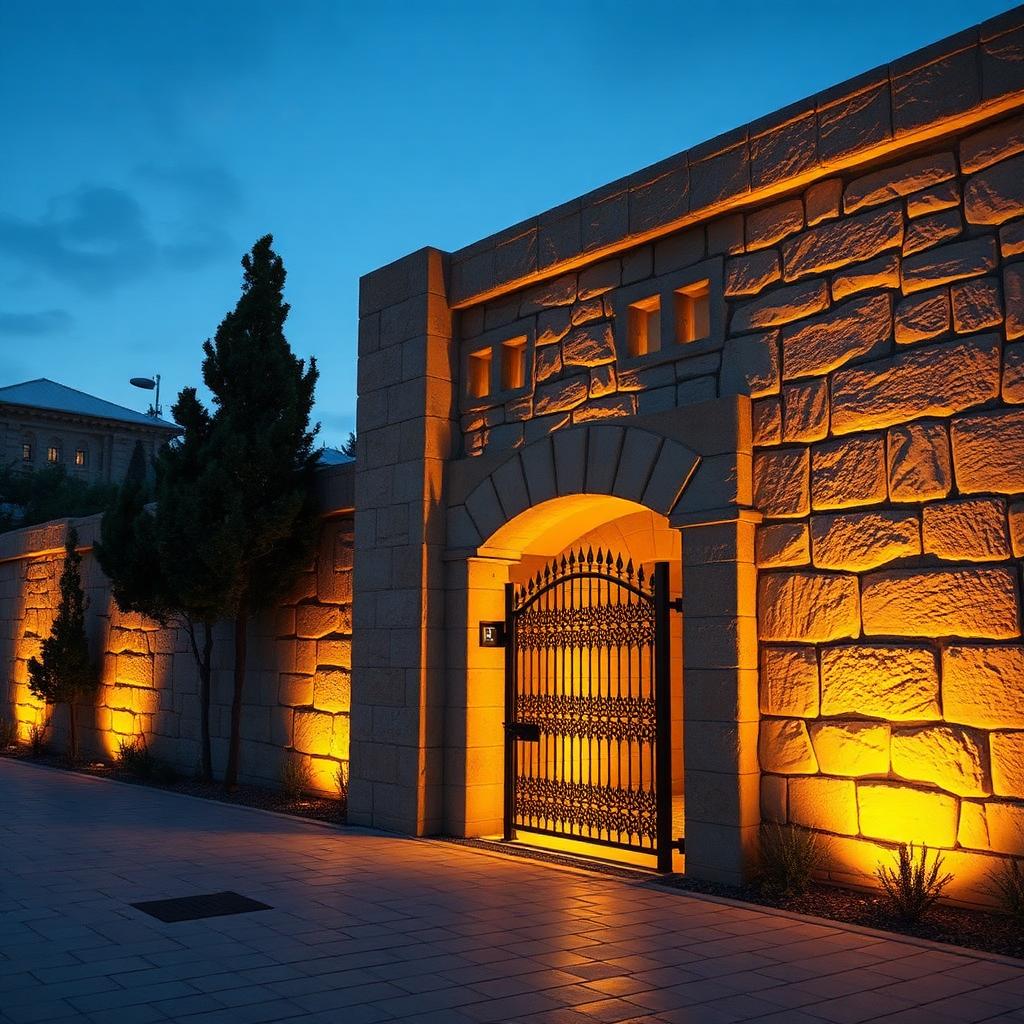Lit Jerusalem stone boundary wall with bronze gate