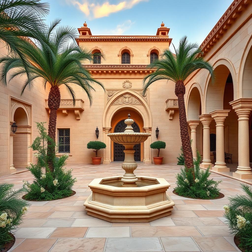 Jerusalem stone villa courtyard with fountain