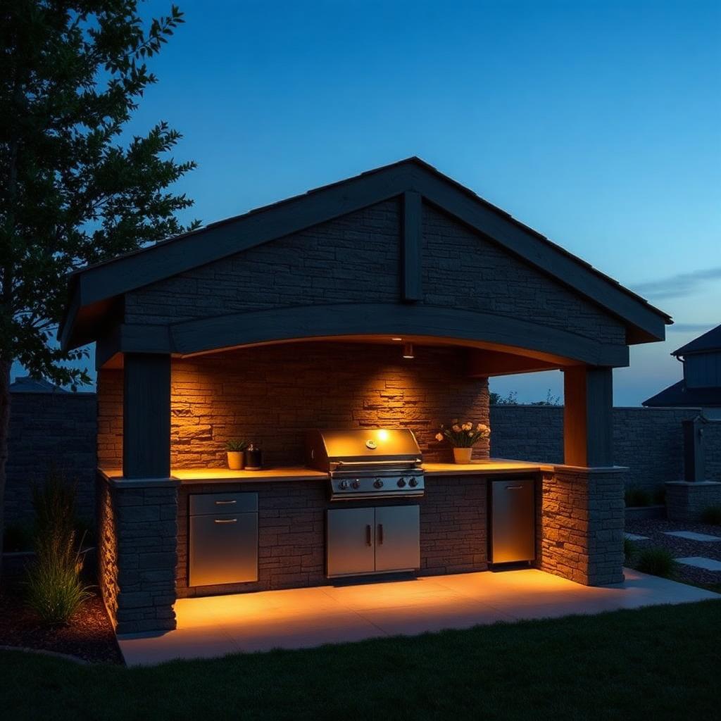 Outdoor kitchen at dusk