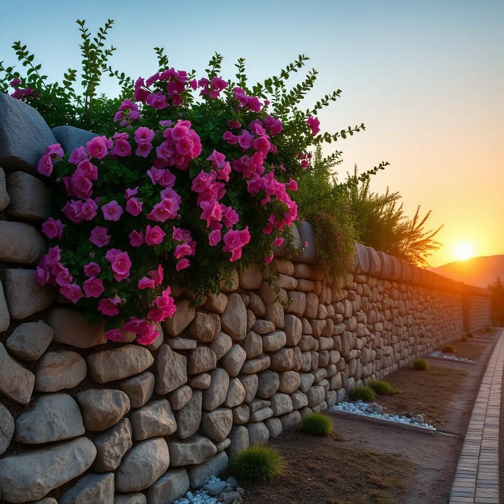 Boundary wall with stone capping