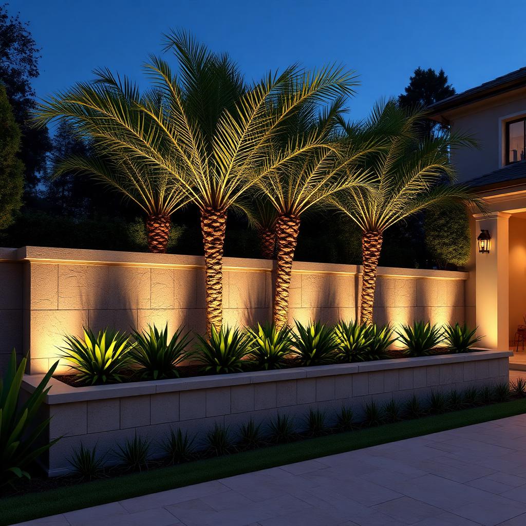Lit planter wall at dusk