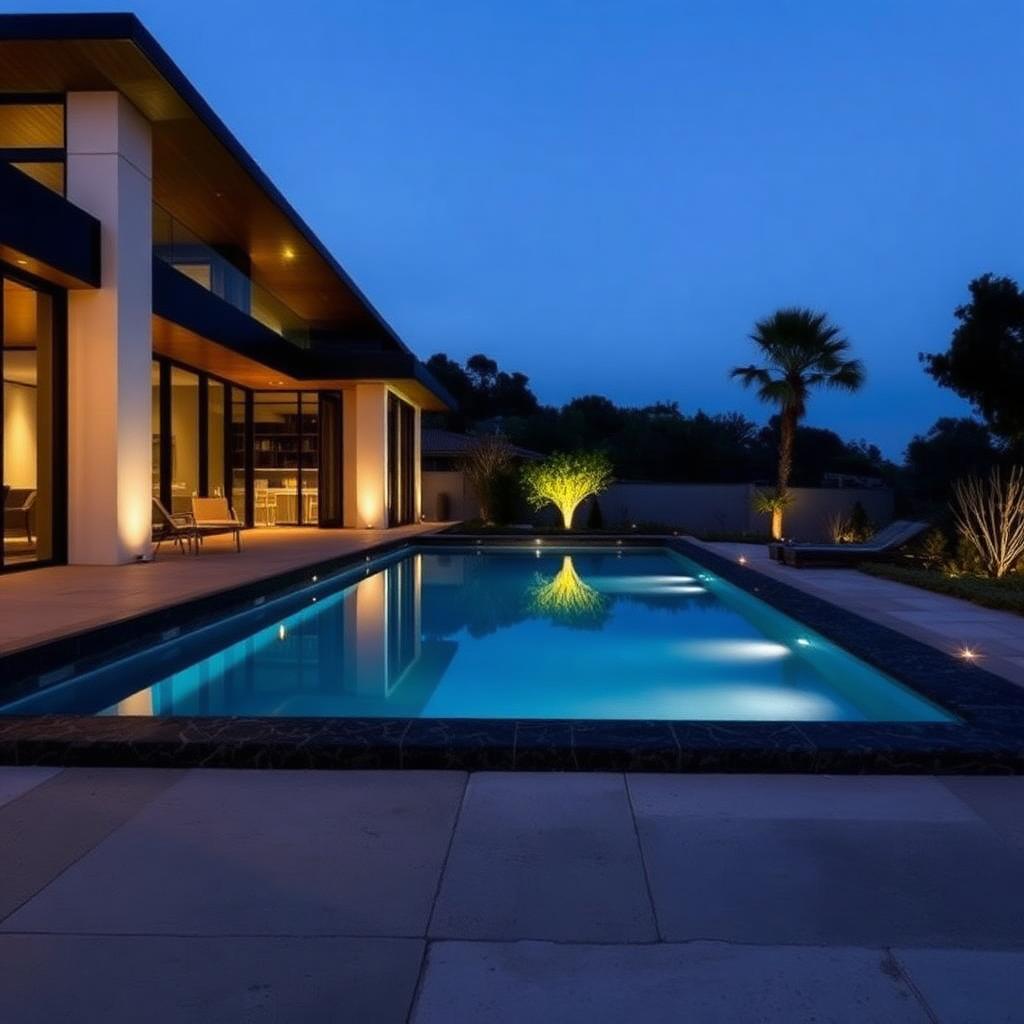 Stone-clad pool surround at dusk