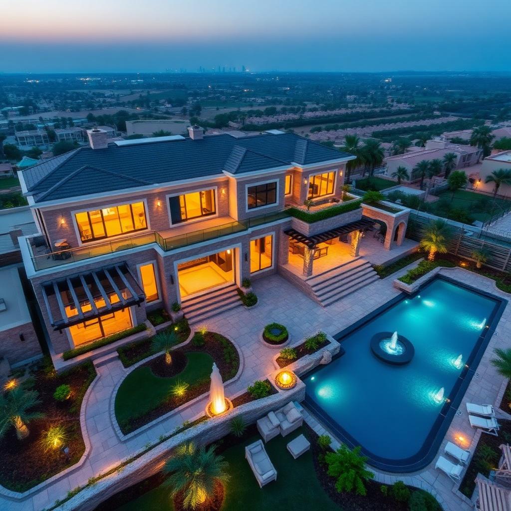Stone facade with pool & garden