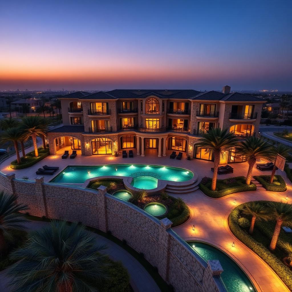 Landscaped courtyard at sunset