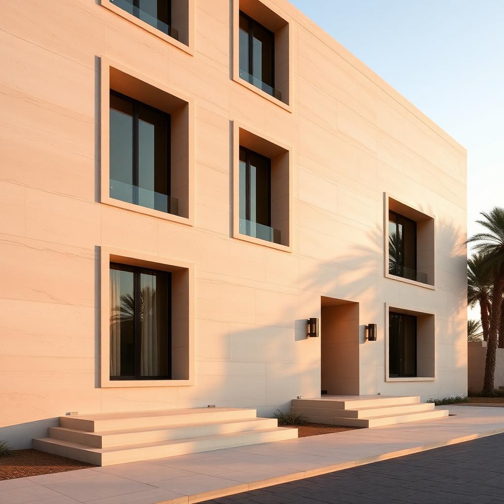 Large-format honed limestone mansion facade