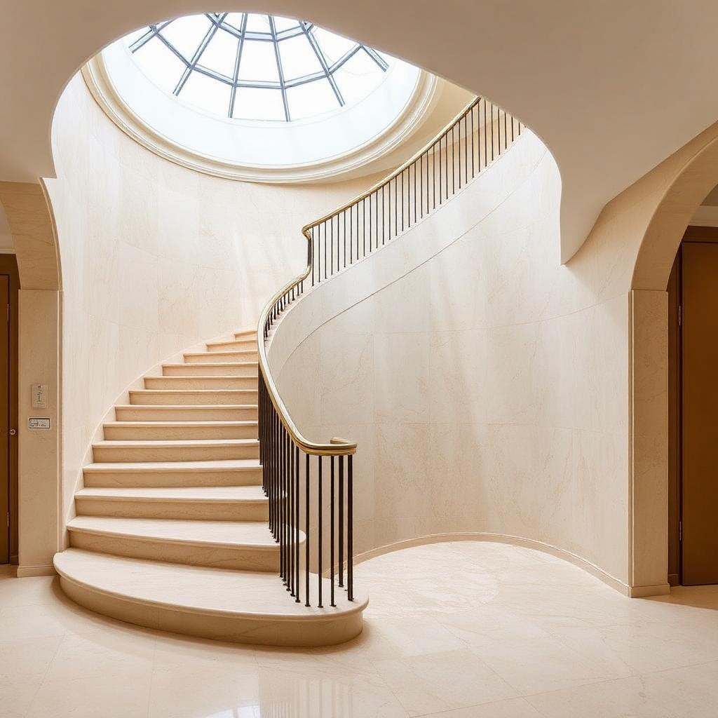 Curved limestone interior staircase