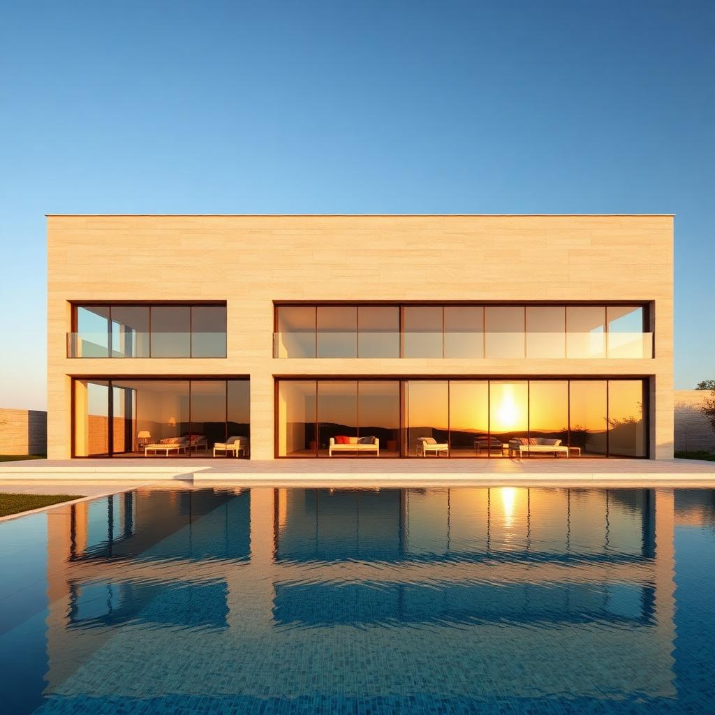 Modern limestone villa facade with infinity pool