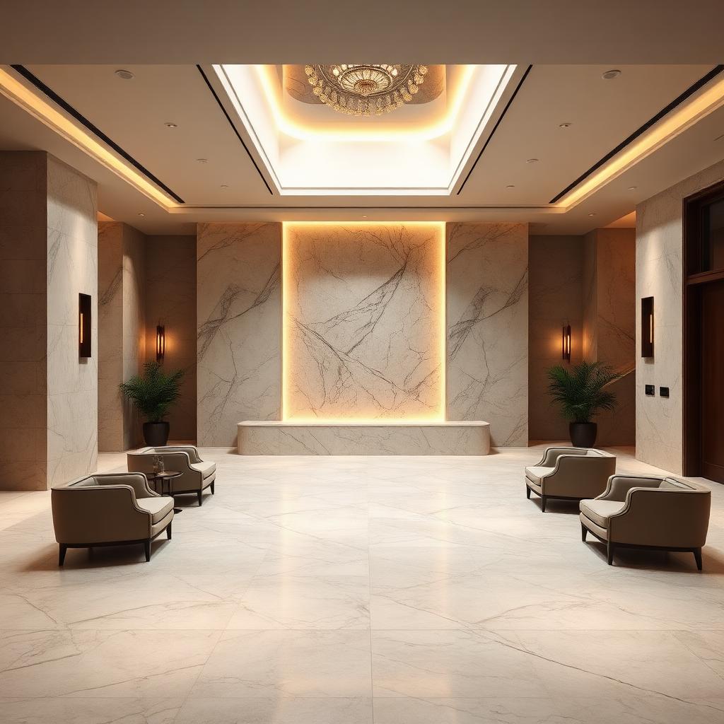 Honed limestone hotel lobby with bookmatched wall