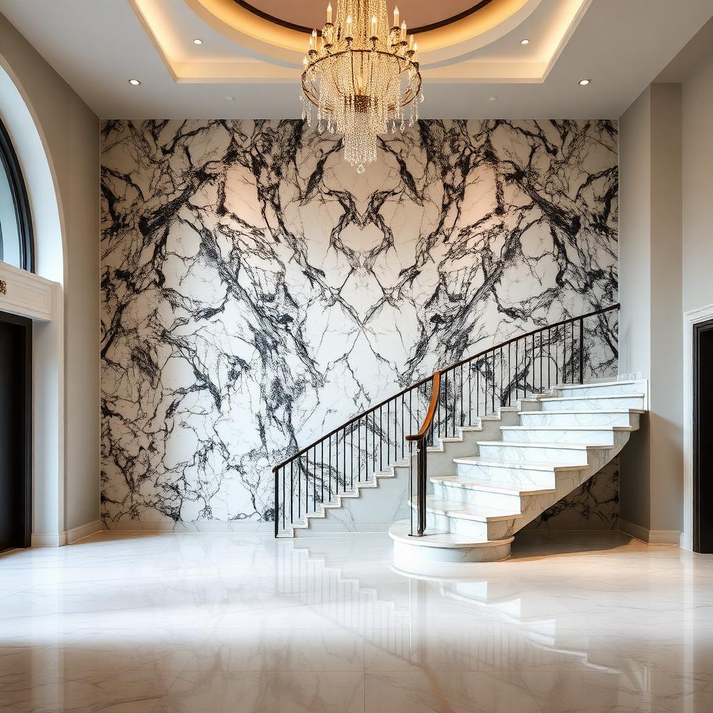 Bookmatched Calacatta wall with curved staircase