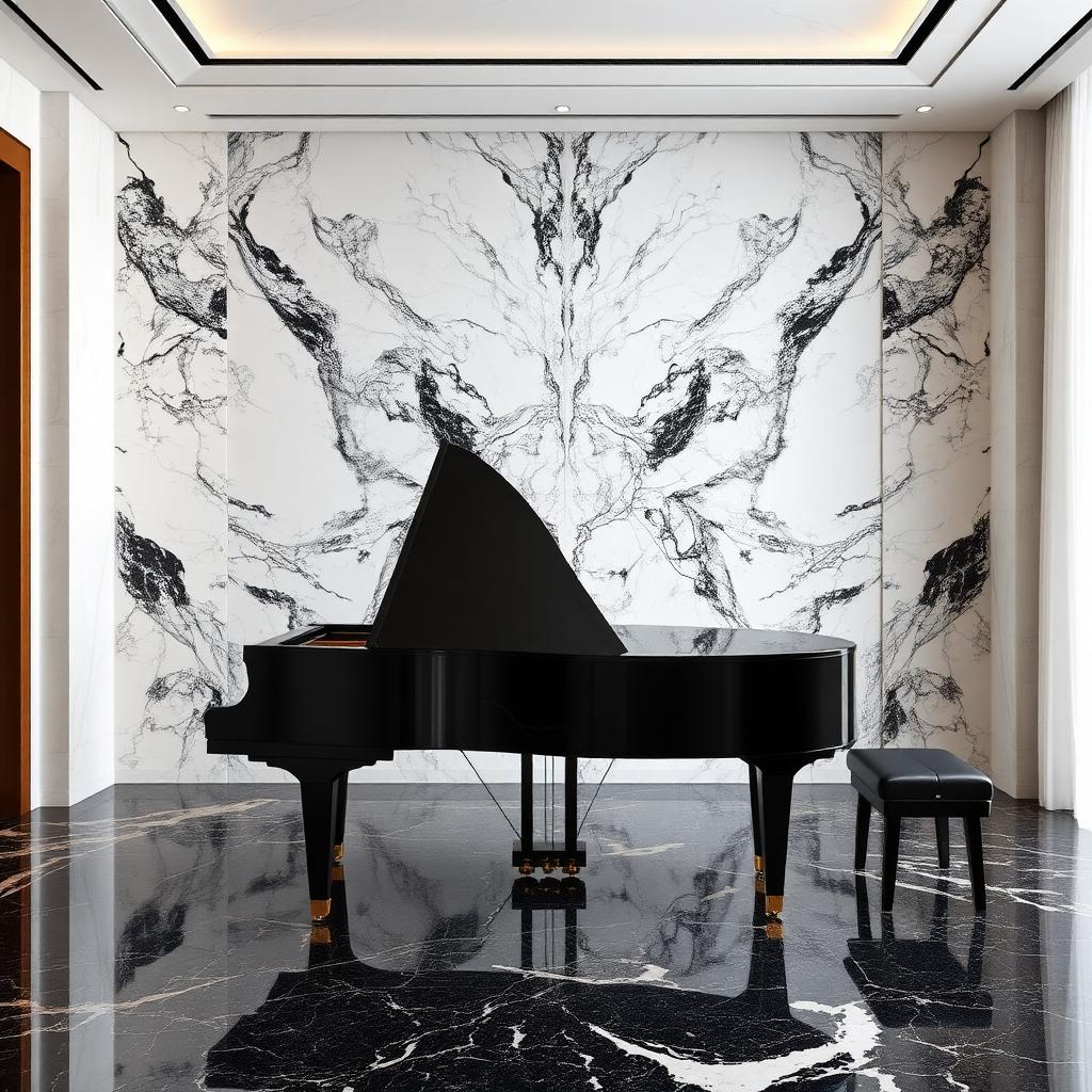 Bookmatched Calacatta feature wall in penthouse