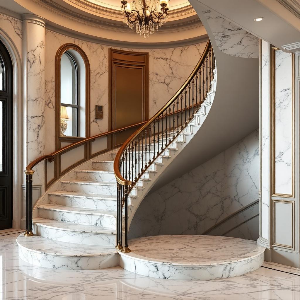 Statuario curved marble staircase with bronze handrail