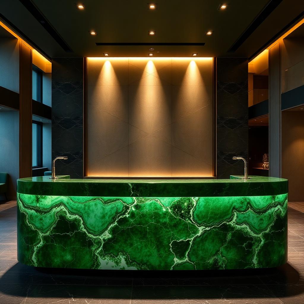 Bookmatched green onyx reception desk