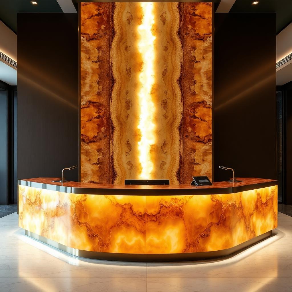 Backlit honey onyx hotel reception wall