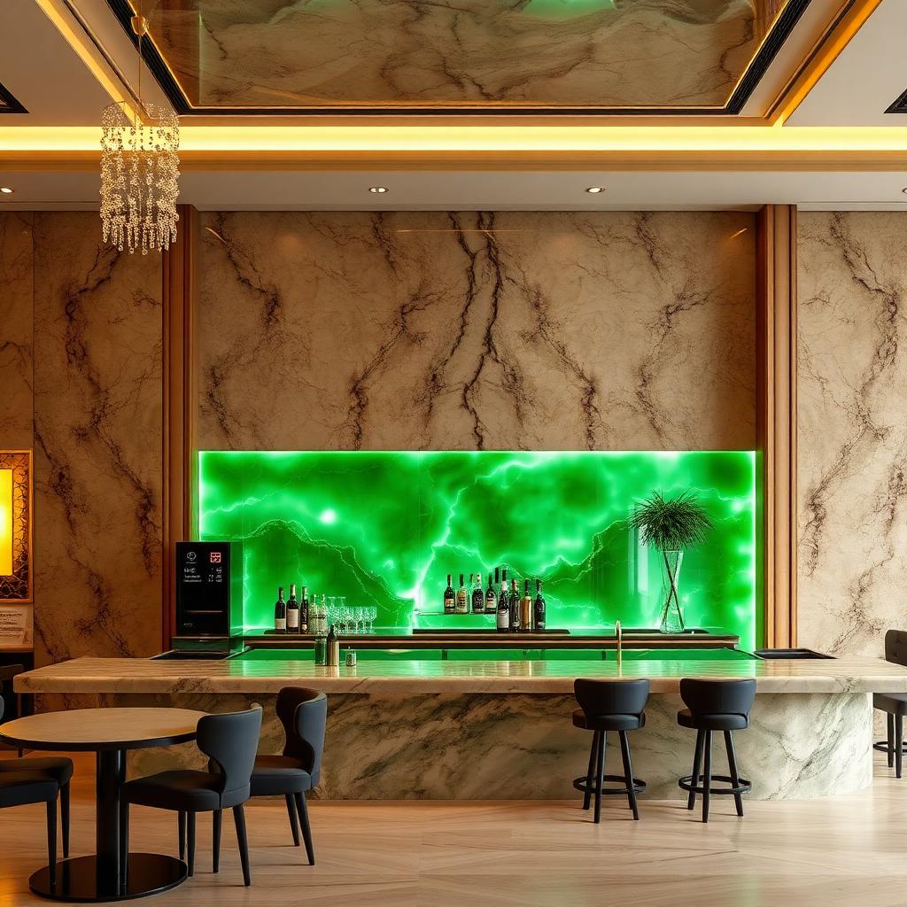 Translucent green onyx bar feature wall