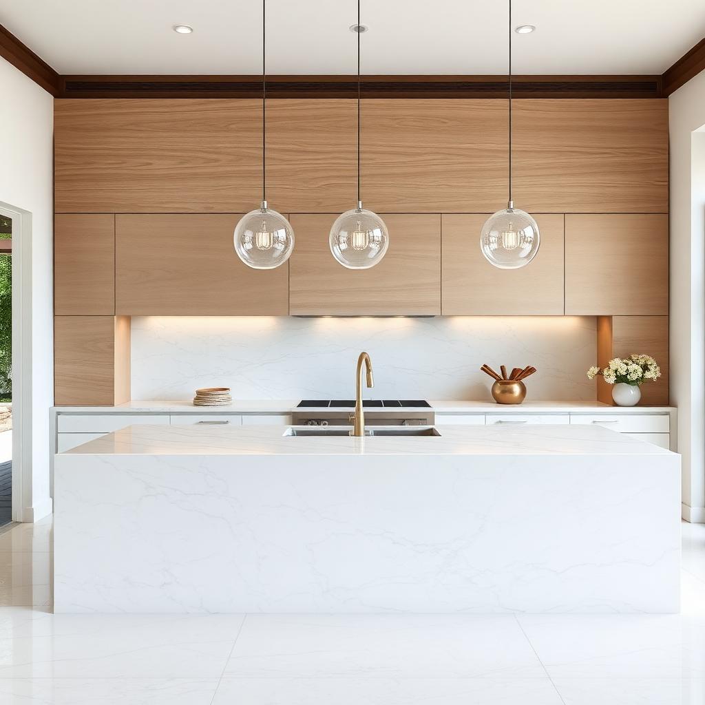 White quartzite kitchen island and backsplash
