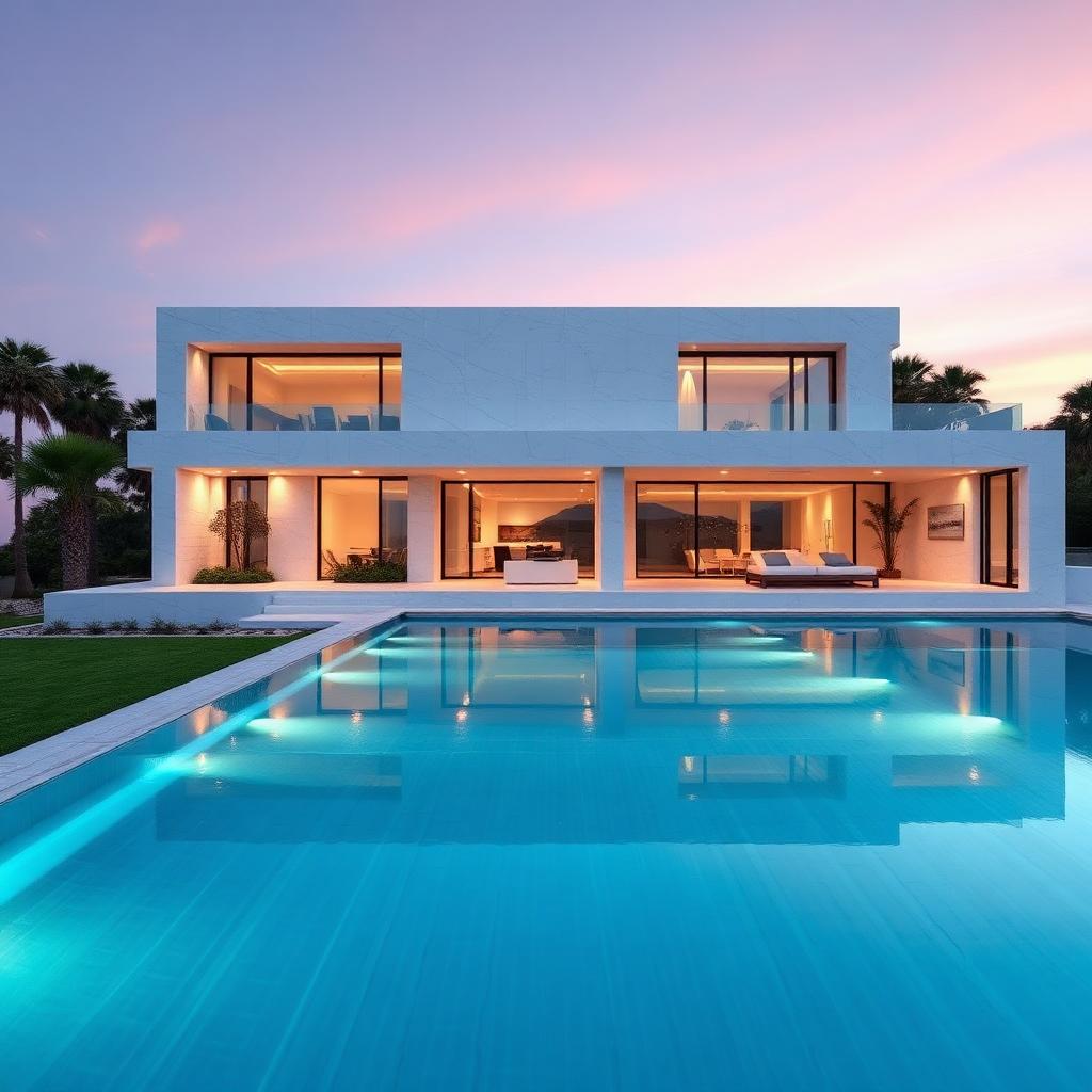 White quartzite villa facade with infinity pool