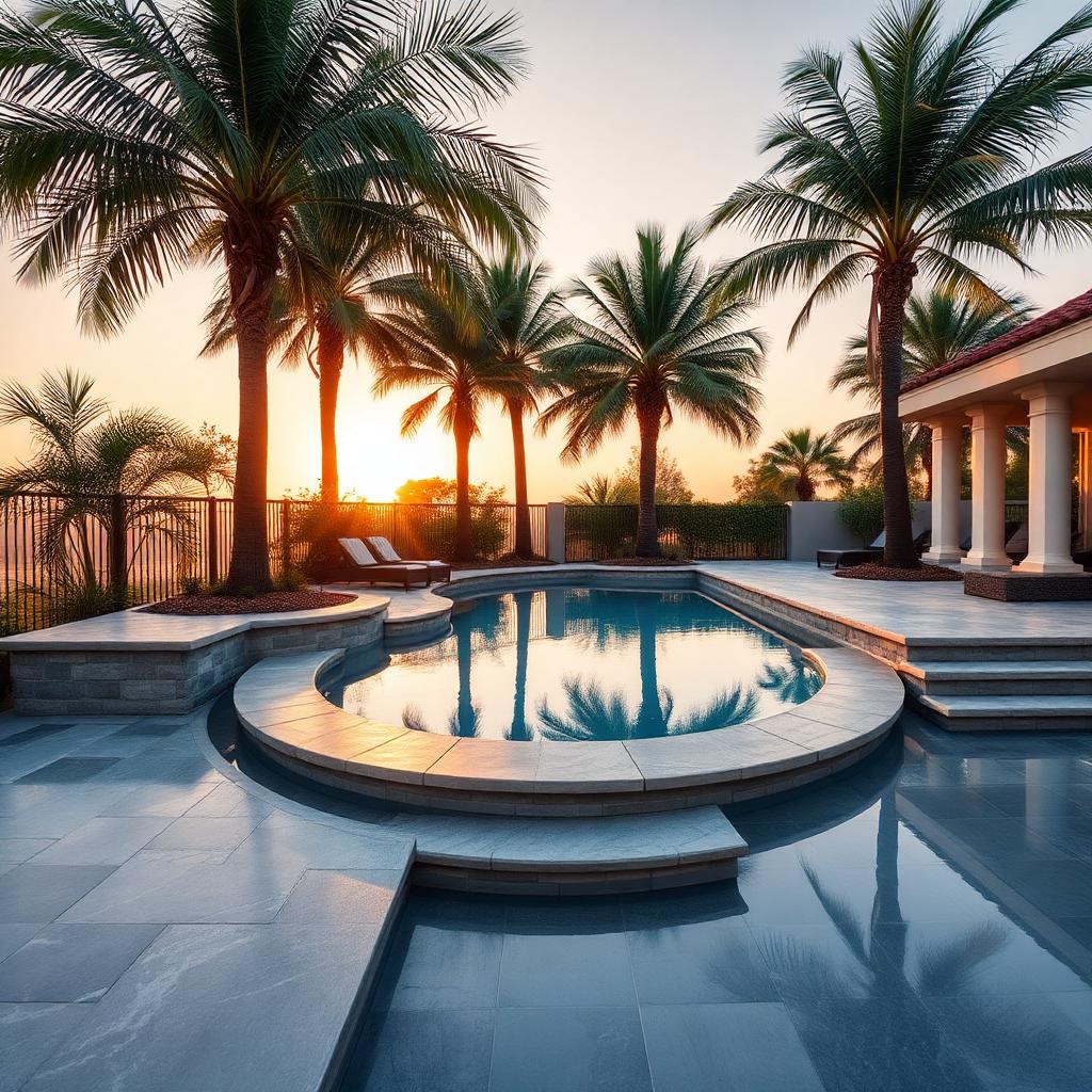 Grey quartzite pool surround at golden hour