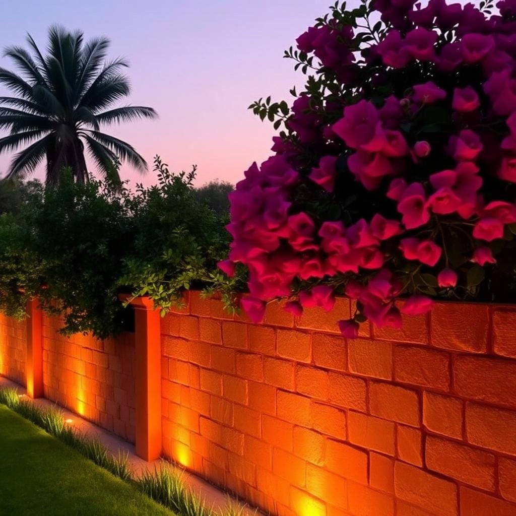 Red sandstone boundary wall with bougainvillea