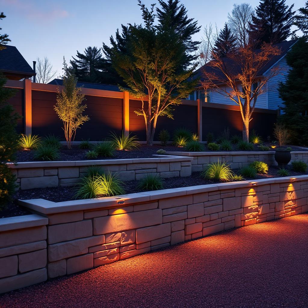 Sandstone garden retaining wall with uplighting