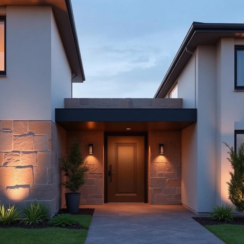 Split-face sandstone villa entrance at dusk