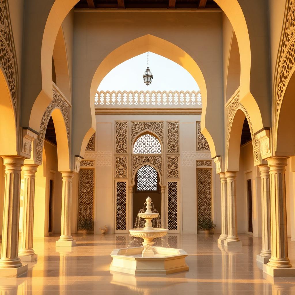 Arabian courtyard with carved arches and fountain