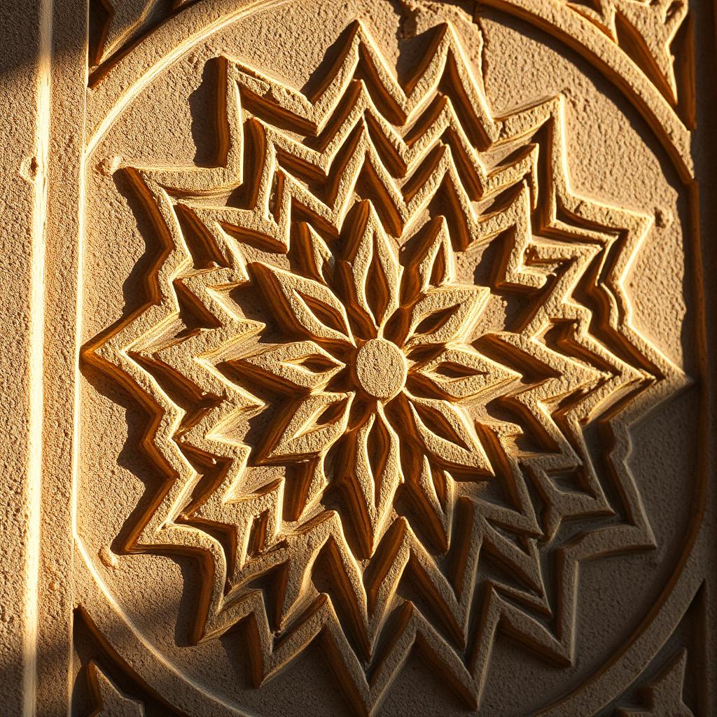 Geometric Islamic relief carved into Syrian stone