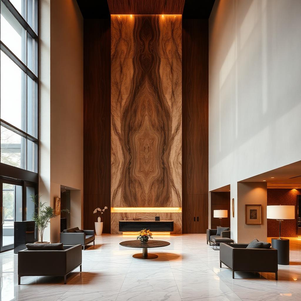 Bookmatched walnut travertine lobby wall