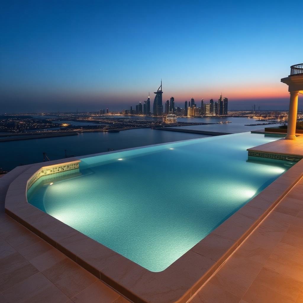 Infinity pool with silver travertine deck