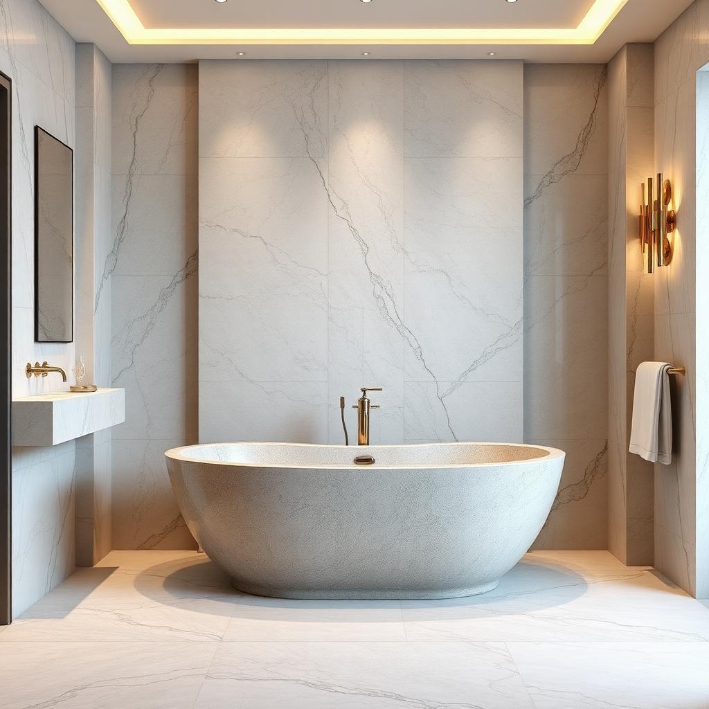 Silver travertine bathroom with monolithic tub