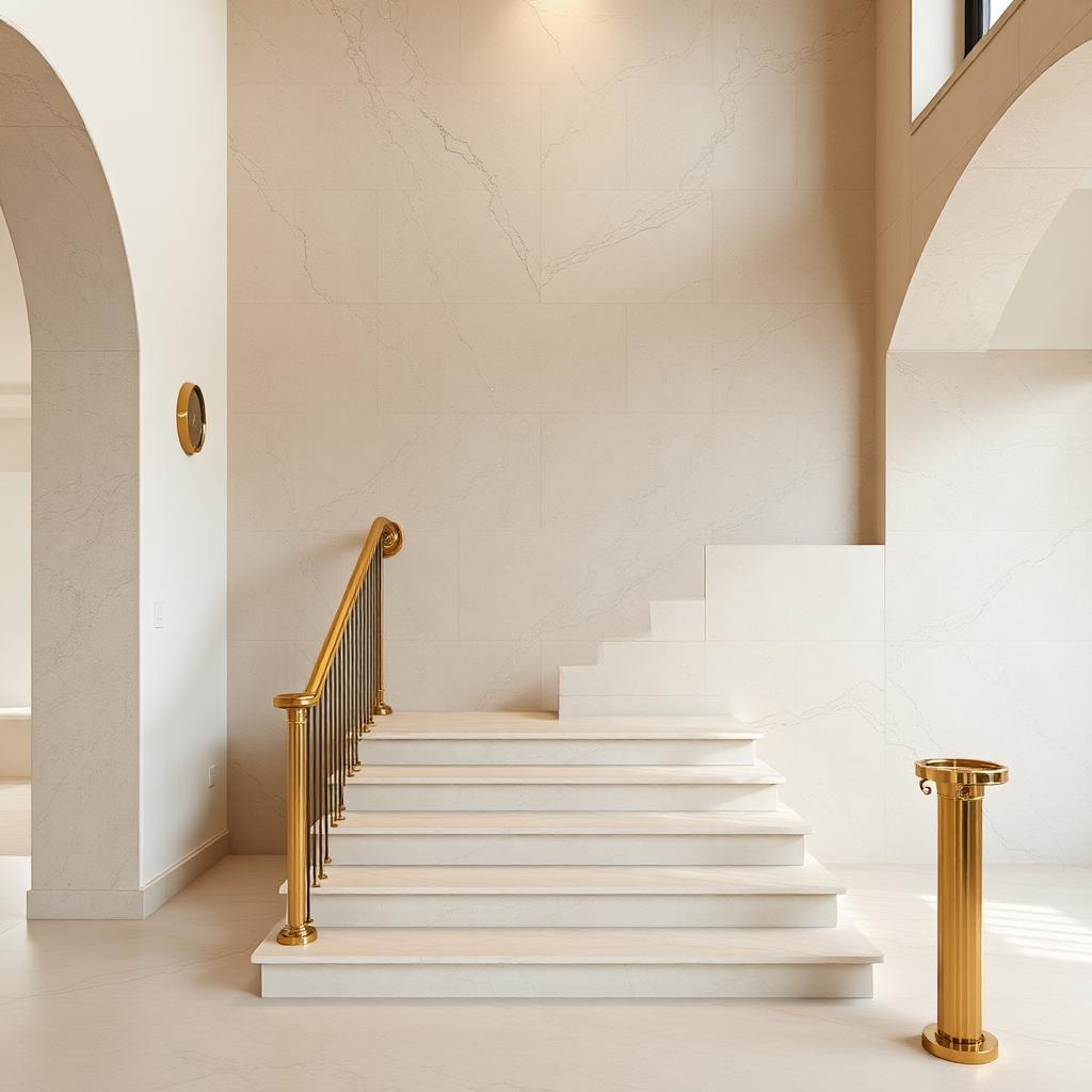 Beige limestone interior staircase